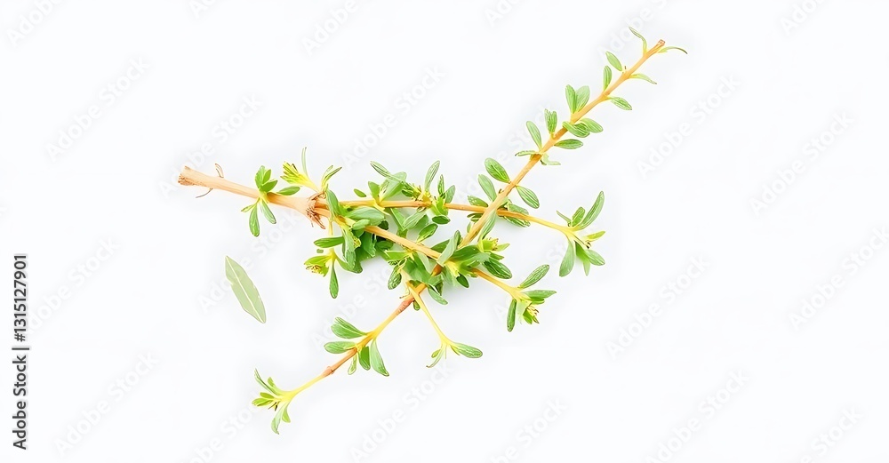 Artistic depiction of a delicate thyme sprig against a brilliant white background Artistic depiction of a delicate thyme sprig against a brilliant white background