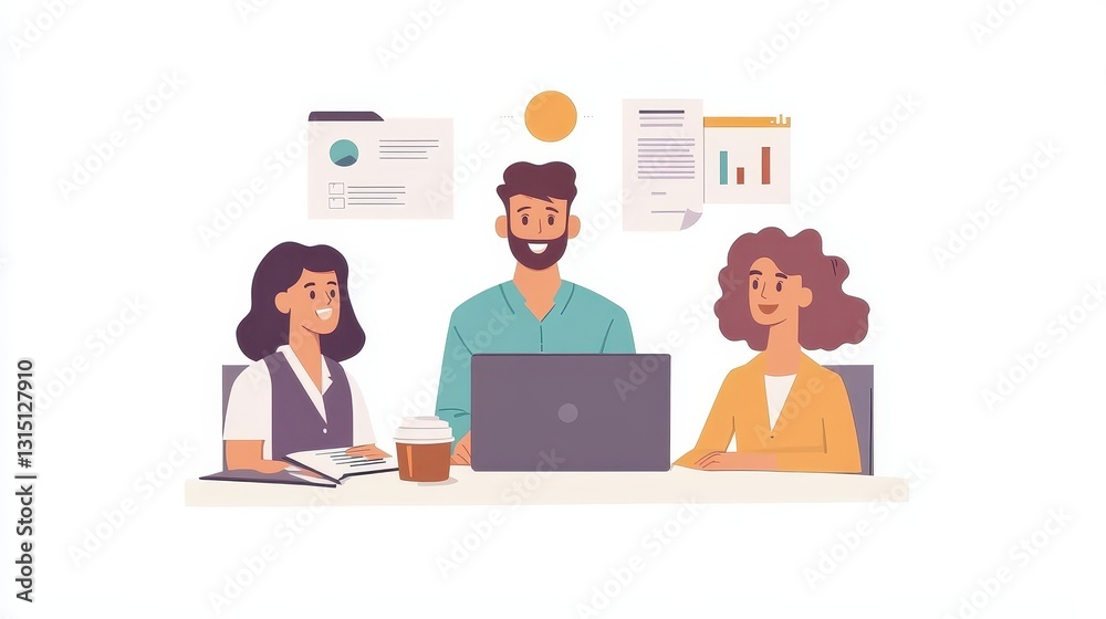 A team of professionals working together on a laptop with business documents and a cup of coffee on a white isolated background A team of professionals working together on a laptop with business documents and a cup of coffee on a white isolated background