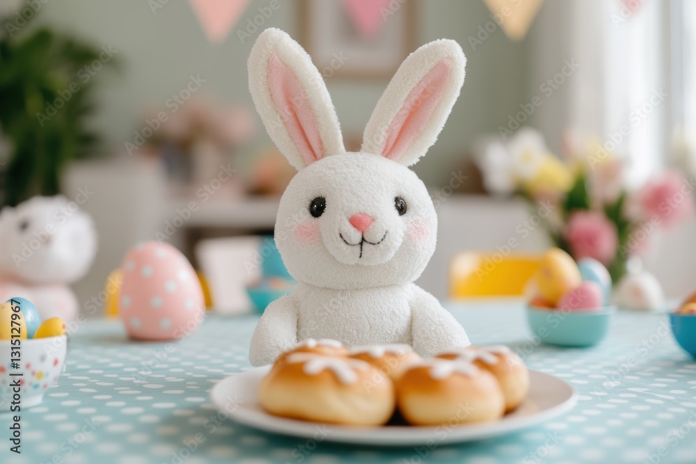 Fototapeta premium White easter bunny toy sitting at a table with hot cross buns and decorated eggs, celebrating easter festivities