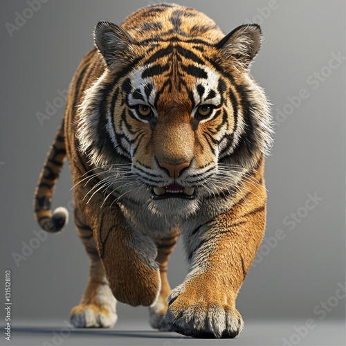 Lively tiger in motion, glowing expression, full-body stance showcasing its prowess on a bright white backdrop.