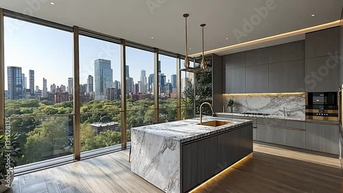Modern kitchen with city views,  luxury penthouse,  urban oasis,  ideal for presentations,  high-end photo