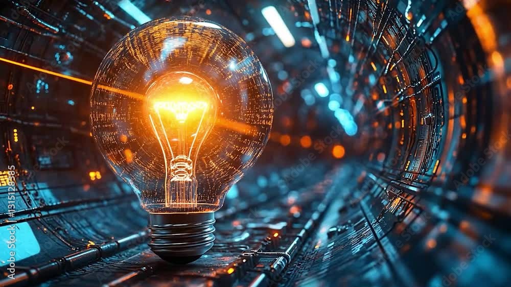 Futuristic lightbulb in technological tunnel, symbolic of innovation