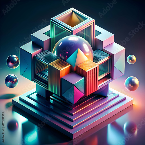Abstract Geometric Composition. Vibrant Cubes and Spheres in Neon Light