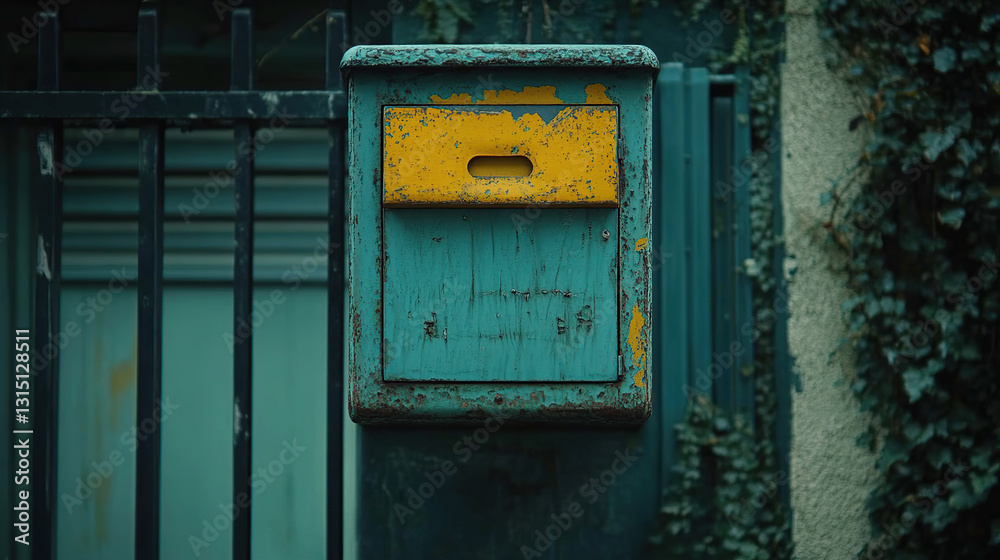 Rustic teal mail box with yellow panel Rustic teal mail box with yellow panel