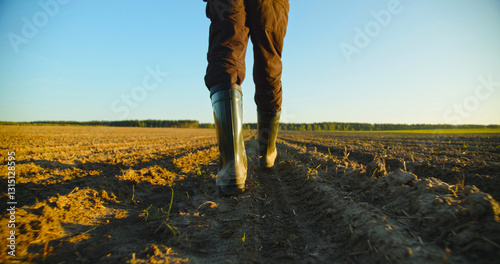 Low angle: man walking in rubber boots in a farmer's field, the blue sky above the horizon. Man walking through an agricultural field. Farmer walks through a plowed field in early spring.