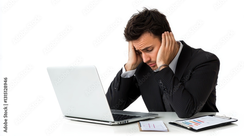 A businessman looking at a laptop screen with financial graphs and notes beside him on a white isolated background A businessman looking at a laptop screen with financial graphs and notes beside him on a white isolated background