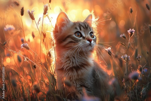 Adorable kitten basking in golden sunset light amidst wildflowers, a captivating scene of nature's beauty. photo