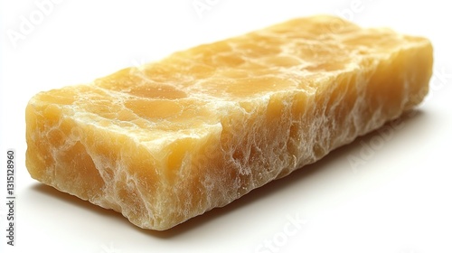 Close-up of a honey-colored block candy bar on a white background