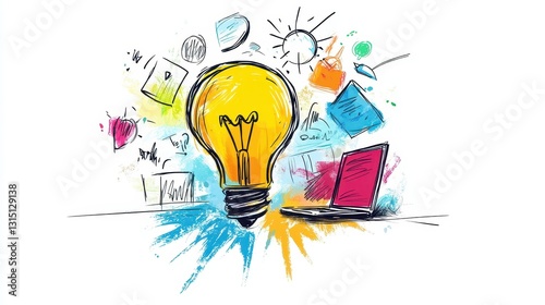 A team brainstorming advertising ideas with sketches and laptops on a white isolated background