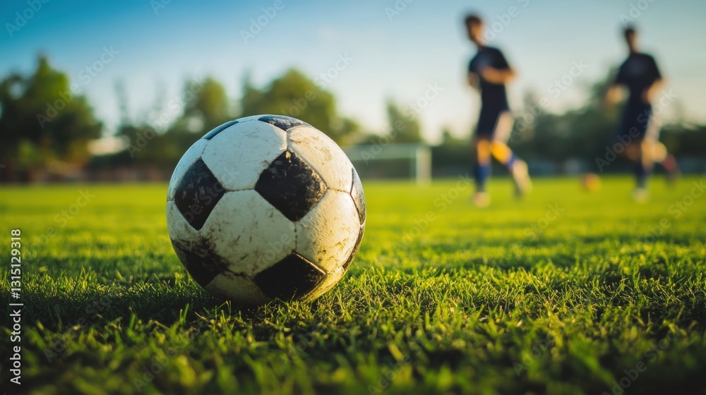 Obraz premium Close-up of a worn soccer ball on grass with players training in the background during sunset