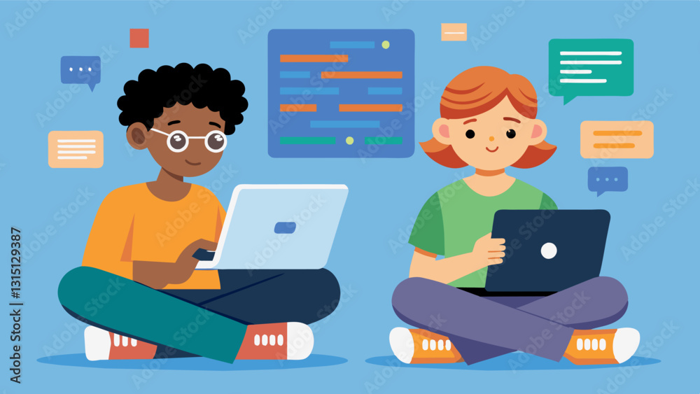 Two students sit side by side each with a tablet in hand using an elearning coding platform to practice their programming skills through interactive challenges.. Vector illustration Two students sit side by side each with a tablet in hand using an elearning coding platform to practice their programming skills through interactive challenges.. Vector illustration