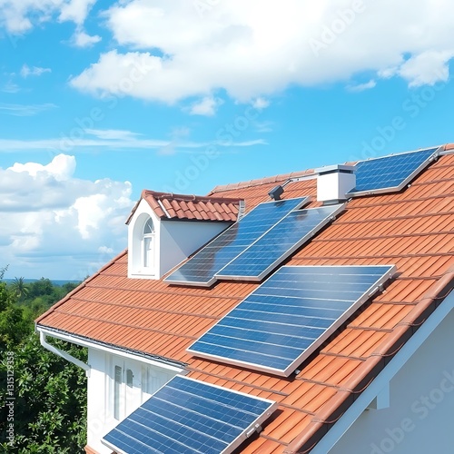 Residential roof with solar panels harnessing renewable energy under blue sky