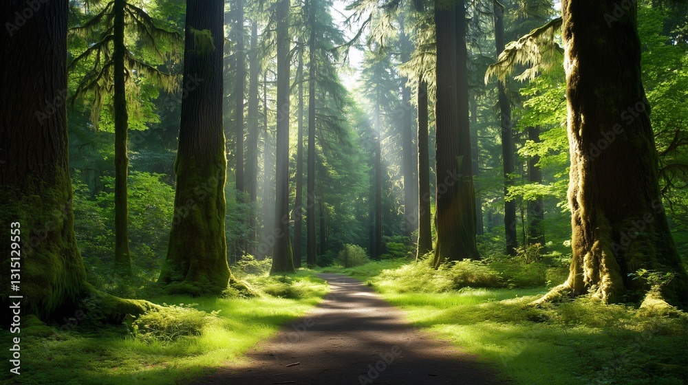 Obraz premium Sunlight filtering through trees in a dense forest path