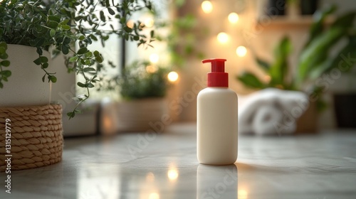 Cream bottle on marble countertop, greenery, warm lights