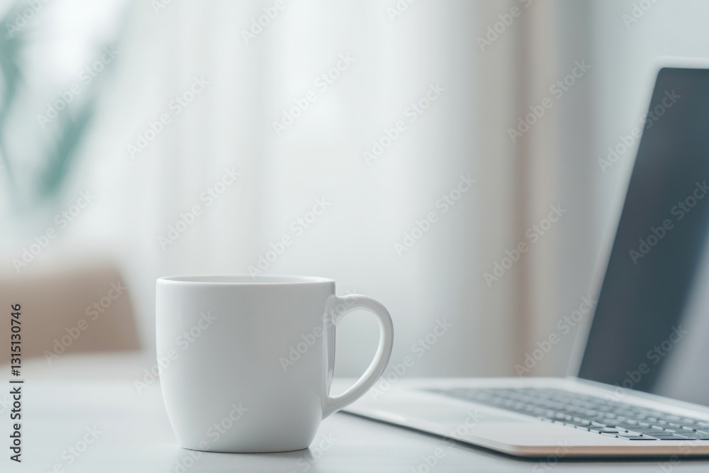 capture minimalist and aesthetically pleasing desktop scene with plain white coffee cup placed near unbranded laptop capture minimalist and aesthetically pleasing desktop scene with plain white coffee cup placed near unbranded laptop