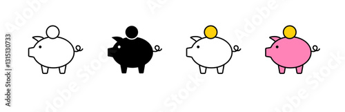 Stylized piggy bank icons in black, white, and pink. emphasizes coin elements on each design.