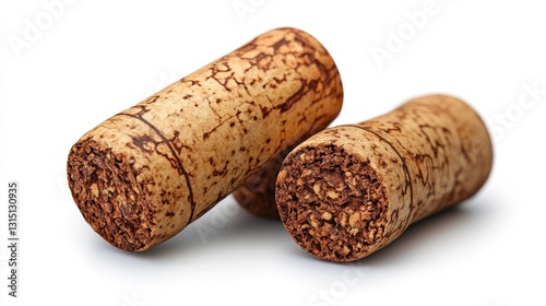 Two wine corks close-up on white background