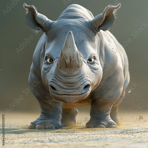 Dynamic rhino running forward, full-body pose with an aggressive yet focused demeanor on a clean white backdrop.
