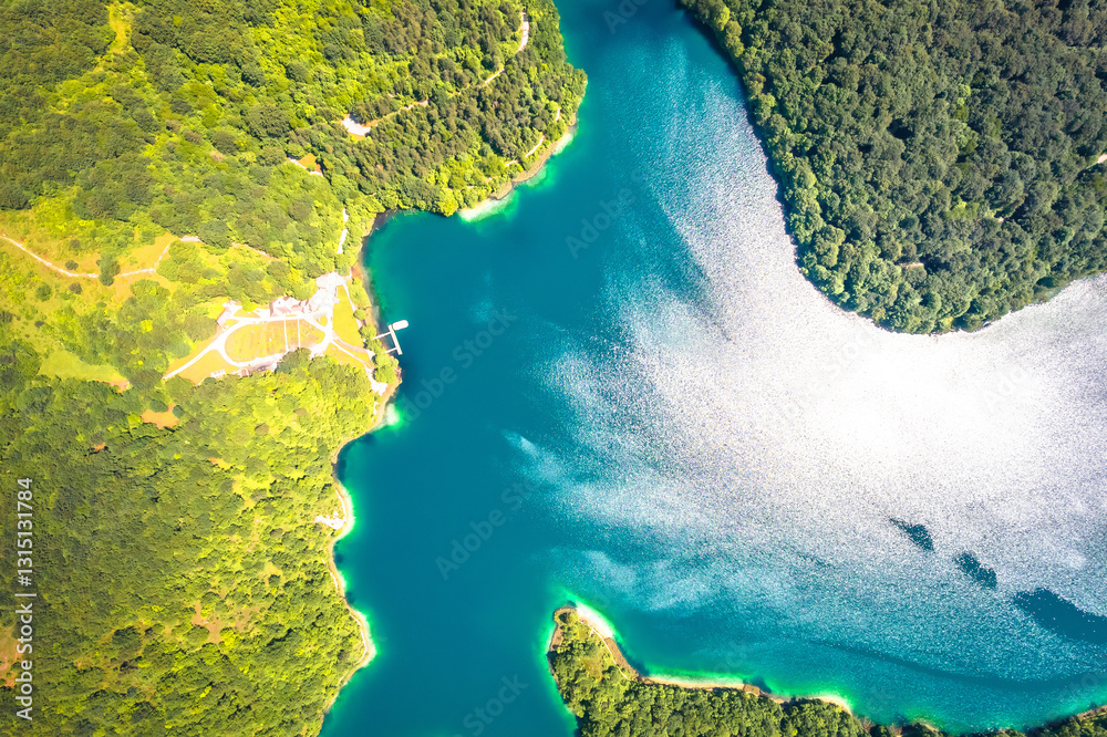 Φωτογραφία Plitvice lakes national park upper lakes and boat pier aerial birds eye view