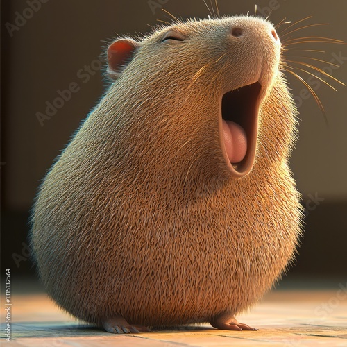 Cheerful capybara stretching while yawning, sleepy expression, adorable full-body depiction radiating warmth on a clean white background.