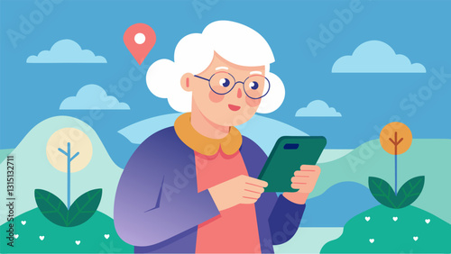A senior woman carefully examining her smartphone as she learns how to use navigation apps to visit her children and grandchildren who live far away.. Vector illustration