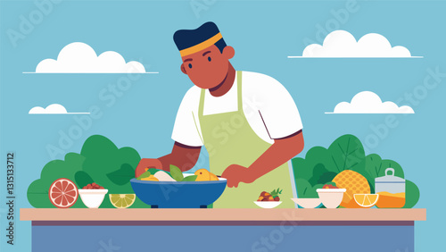 The vendor proudly uses fresh ingredients sourced from the nearby coast ensuring that each bite of ceviche is bursting with authentic Ecuadorian flavors.. Vector illustration