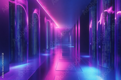 Futuristic Hallway with Neon Lights and Colorful Reflections in a Modern Digital Environment