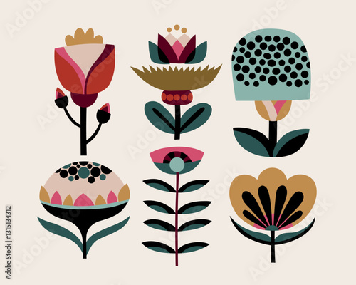 Minimalistic botanical graphic elements. Vector flowers, simple plants floral shapes set. Modern Scandinavian style design elements.