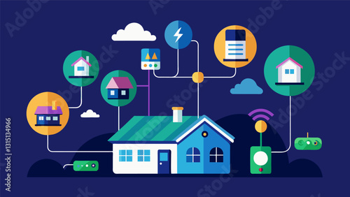 Smart energy grids sharing data with smart homes allowing for automatic adjustments to electricity usage based on peak and offpeak hours.. Vector illustration
