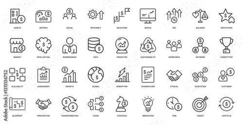 set business earning icons, assets metrics efficiency, scalability assessment competitive growth