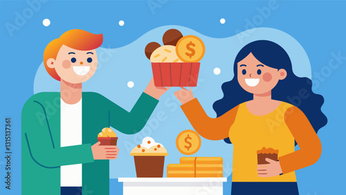 The sound of coins clinking as satisfied customers hand over payment for their delectable treats.. Vector illustration