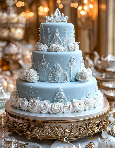 Elegant three-tiered wedding cake decorated with blue fondant and delicate floral designs.