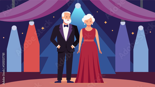 An elderly couple takes the stage dressed in elegant evening wear perfect for a formal gala or event.. Vector illustration