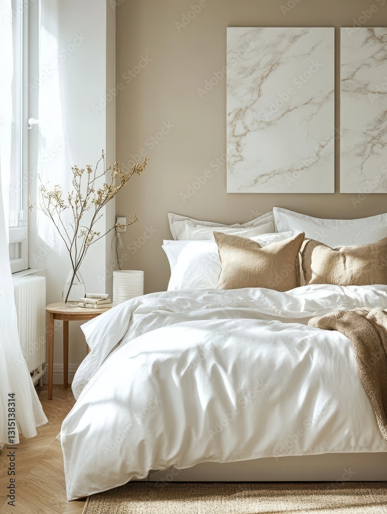 A bedroom featuring a pristine and bright decor A bedroom featuring a pristine and bright decor