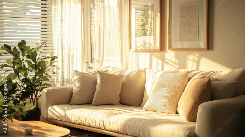 Fototapeta premium Japandi living room interior with cozy beige couch, modern minimalist design of apartment