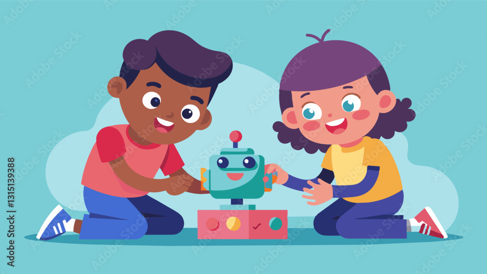 Fototapeta premium Two children working together to build a small robot powered by AI beaming with excitement as it successfully completes a task.. Vector illustration