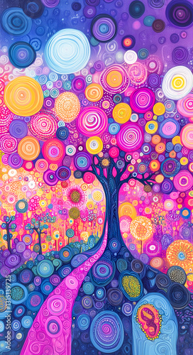 Abstract tree of life, swirling colors and patterns.