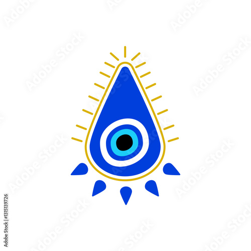 Blue evil eye charm features a vivid yellow sunburst. offers protection and good fortune.