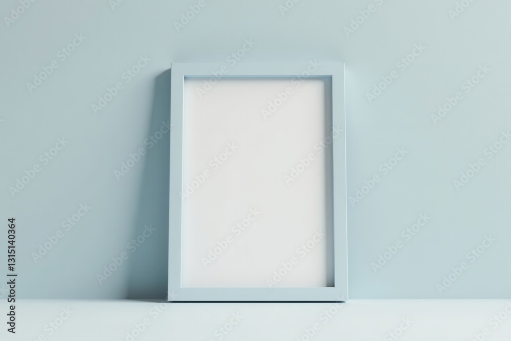 A pale blue rectangular frame rests against a light blue wall, providing a minimalist blank canvas for design inspiration A pale blue rectangular frame rests against a light blue wall, providing a minimalist blank canvas for design inspiration