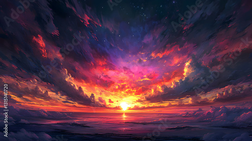 Vibrant Sunset over Ocean with Dramatic Cloudscape - Digital Painting