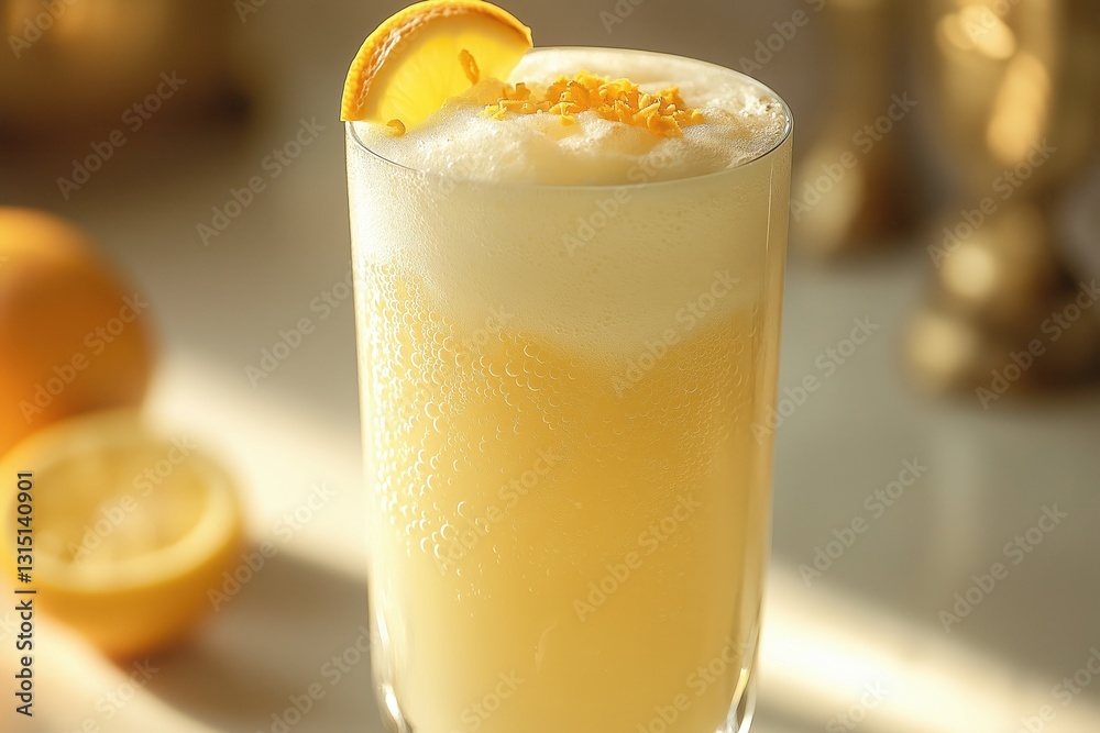 Ramos Gin Fizz with frothy texture and delicate citrus zest garnish