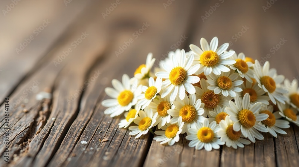 Fototapeta premium A delightful cluster of delicate chamomile flowers rests gently on a rustic wooden surface, creating a picturesque scene of natural beauty