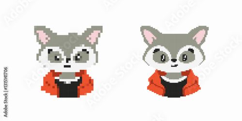 Cute pixel art fox wears a red jacket. big ears and eyes show a curious and friendly look.