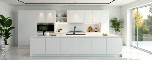 All-white contemporary kitchen with large center island, farmhouse sink, chic, spacious