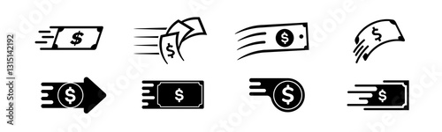 A minimalistic black money transfer logo featuring a dollar sign, arrow, and flat design, symbolizing fast payments, financial success, and smooth cash flow for business and marketing purposes.