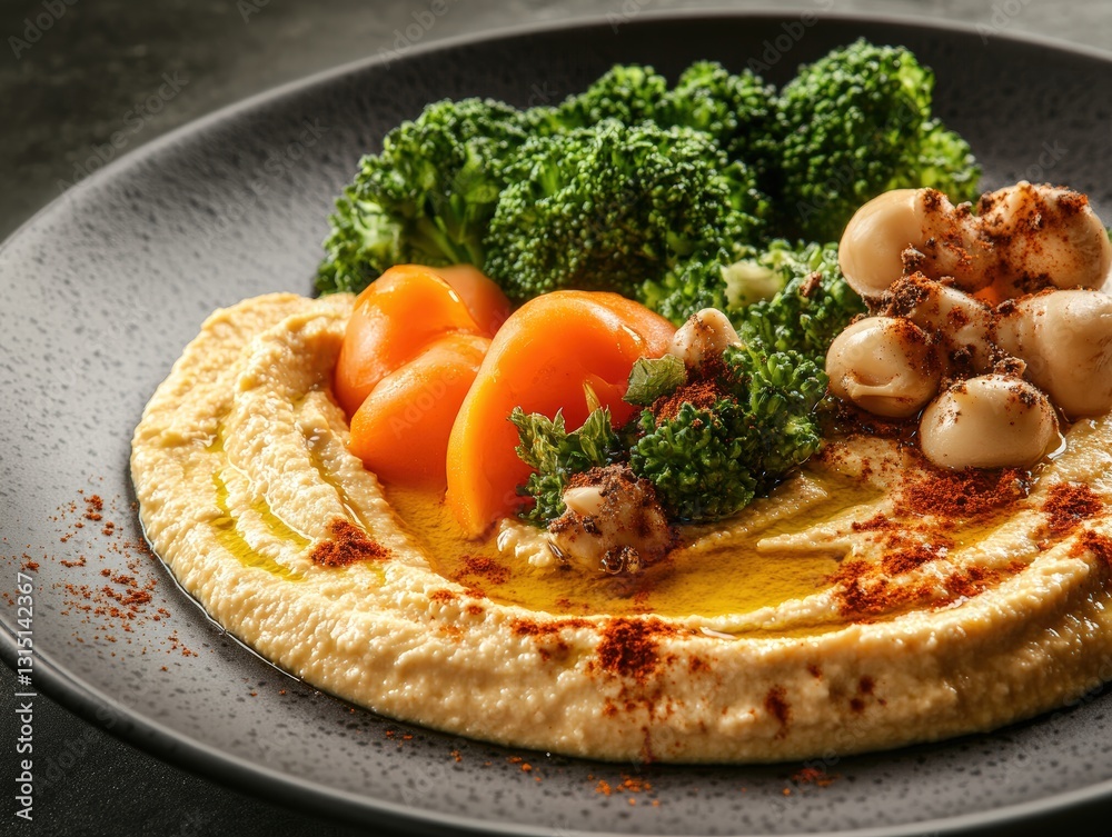 A plate of colorful food featuring broccoli and other fresh vegetables artfully arranged for a healthy dining experience A plate of colorful food featuring broccoli and other fresh vegetables artfully arranged for a healthy dining experience