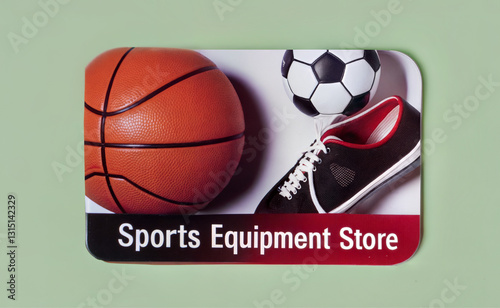 Vibrant gift card for a sports equipment store featuring a basketball and soccer ball.