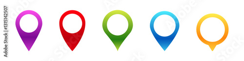 Five vibrant location pins display a variety of colors, ideal for illustrating navigation or mapping.