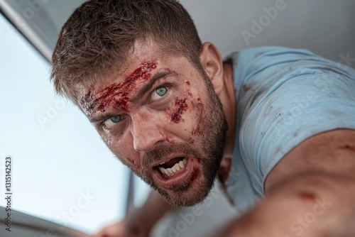 Injured man portrait shows cuts and blood on his face while looking up with an intense expression following an accident