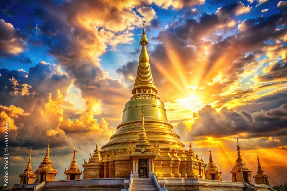 Fototapeta premium Golden Pagoda Clouds Sky, Pagoda in Clouds, Asian Temple, Heavenly Pagoda, Spiritual Architecture, Golden Spire, Cloud Photography
